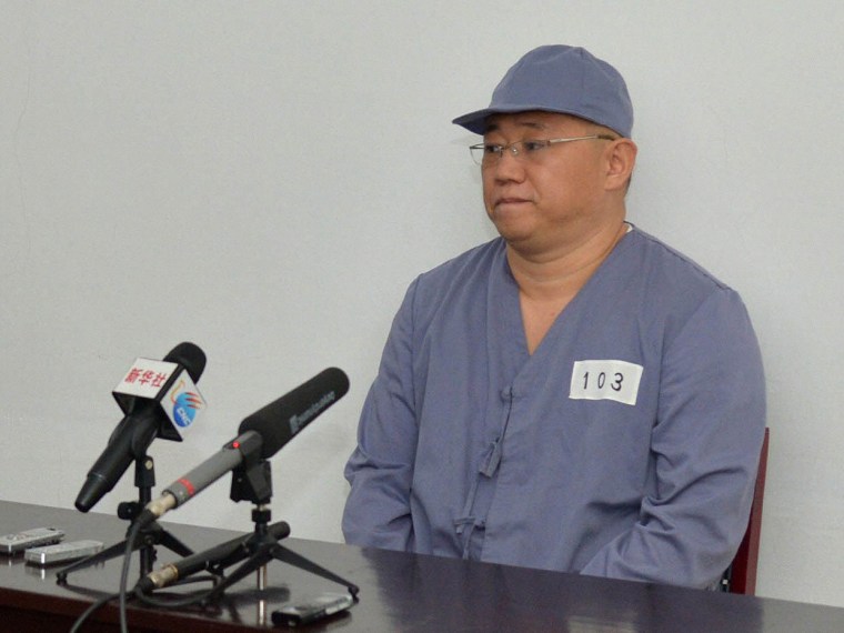 Kenneth Bae, a Korean-American Christian missionary who has been detained in North Korea for more than a year, meets a limited number of media outlets in Pyongyang on Jan. 20.