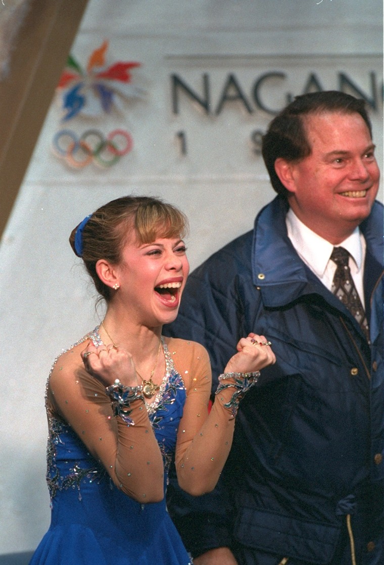 20 Feb 1998:  Tara Lipinski of the USA reacts as her scores are posted  during  the free skate competition at White Ring Arena during the 1998 Winter ...