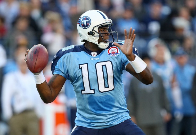 NASHVILLE, TN - NOVEMBER 01: Vince Young #10 of the Tennessee Titans drops back to throw a pass during their game against the Jacksonville Jaguars at...