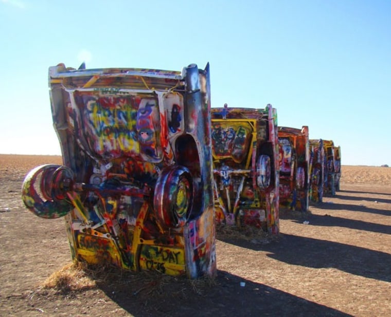 Located on I-40, outside of Amarillo, Texas, Cadillac Ranch is a wholly interactive exhibit. Visitors are encouraged to bring paint, markers, or whate...