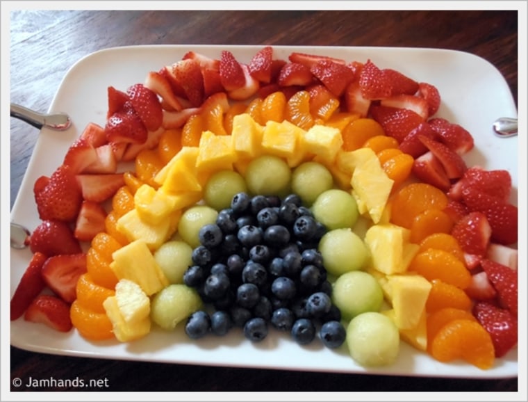 Fruit arranged in a rainbow