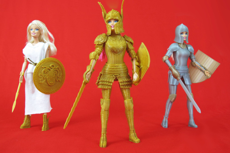 Ready for battle: Barbie has three medieval outfits (dress not included) designed by Jim Rodda for a 3D printer.