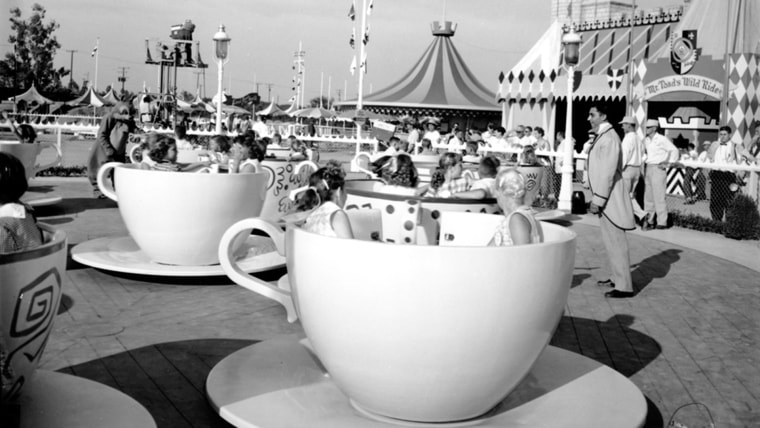 Children are enjoying the cup and saucer ride in Disneyland in Anaheim, Calif., on July 19, 1955.