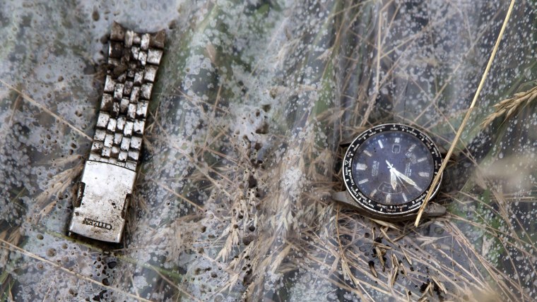 A watch and a part of bracelet lie on a plastic cover at the site of a crashed Malaysia Airlines passenger plane near the village of Rozsypne, Ukraine...