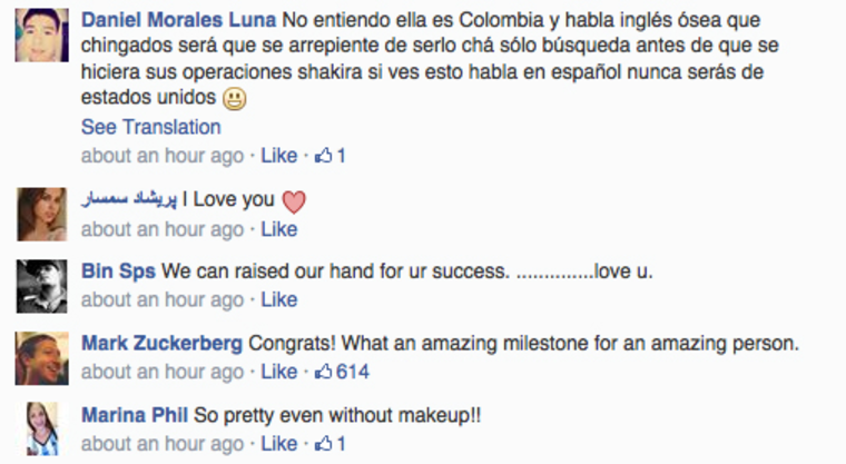 Facebook founder Mark Zuckerberg congratulated Shakira on making history.