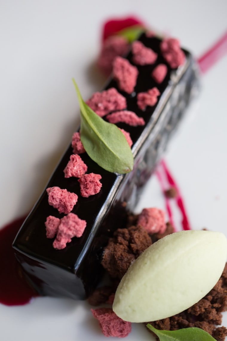 Chocolate beet dessert with arugula ice cream at Gotham Bar & Grill.