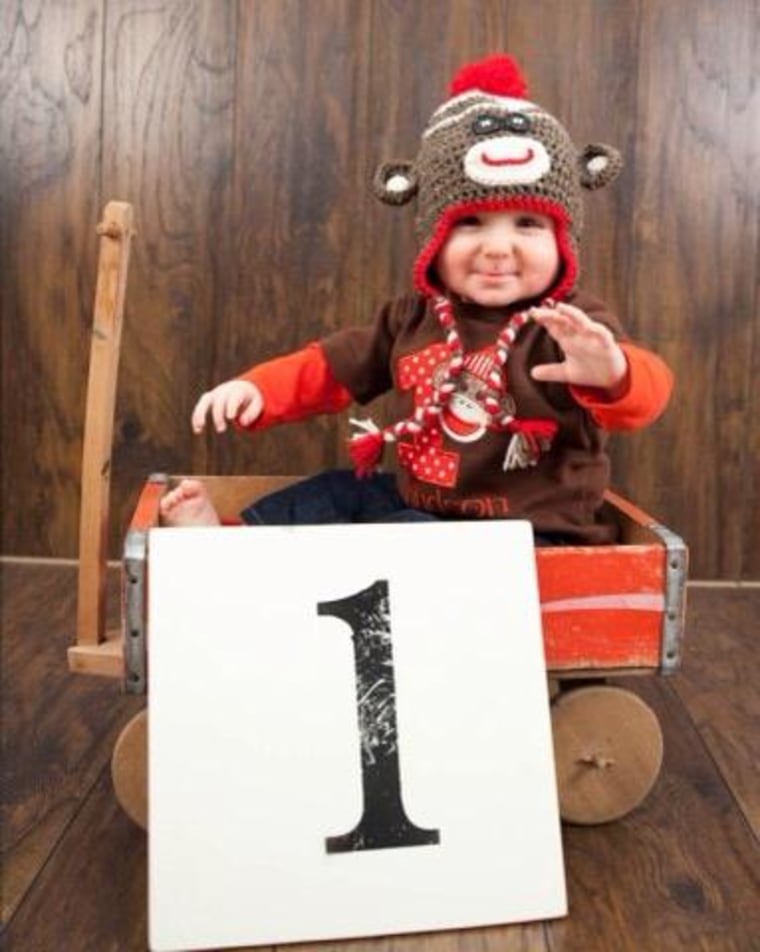 Hudson Hogan at his first birthday party, which had an elaborate sock monkey theme.