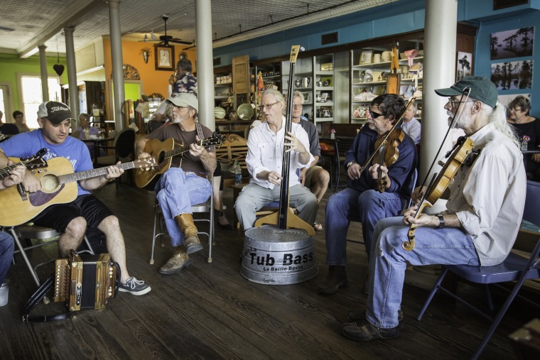 Musicians meet for a Cajun jam session at Joie de Vivre Cafe in Breaux Bridge, Louisiana.