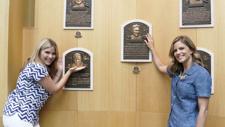 TODAY's Jenna Bush Hager and Natalie Morales pose with plaques of two of the most famous baseball players, Babe Ruth and Ty Cobb at the Baseball Hall ...