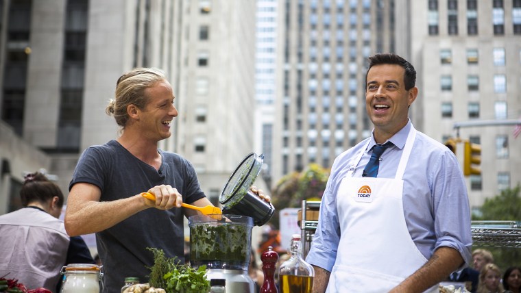 Guy Turland and Carson Daly make jerk chicken and steak sandwiches on the TODAY show as part of the Fresh Cooks Live: Summer Sizzle series in New York...