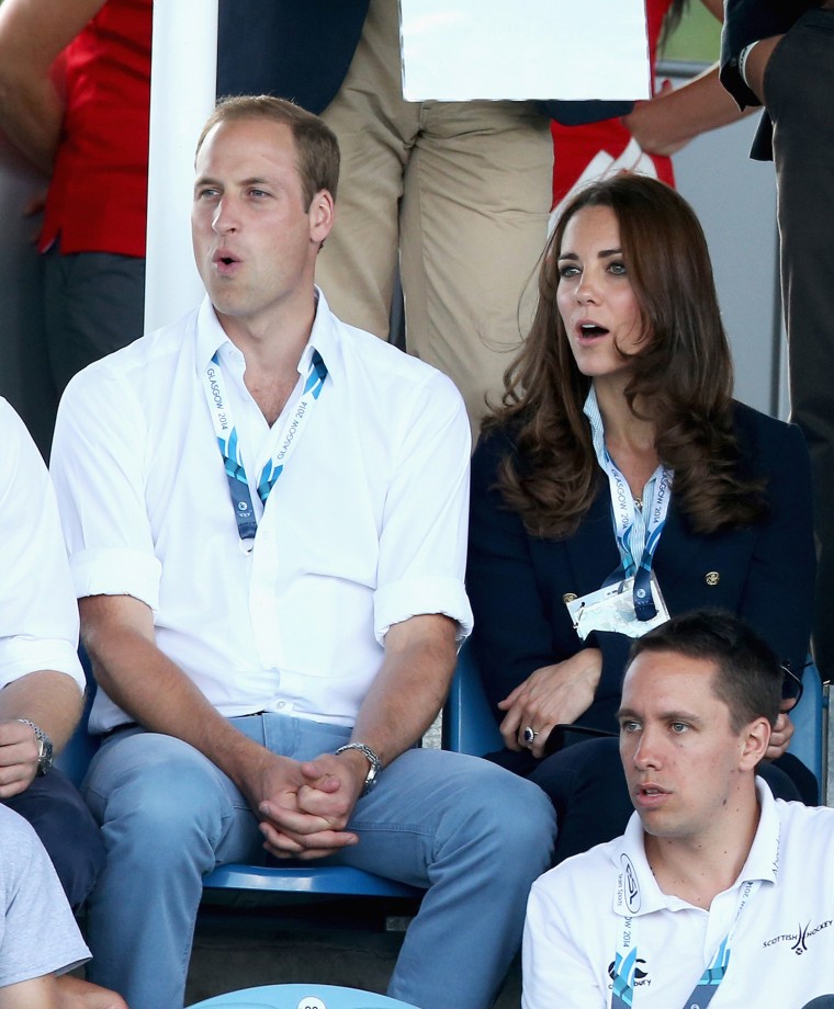 GLASGOW, SCOTLAND - JULY 28: Catherine, Duchess of Cambridge and Prince William, Duke of Cambridge watch Scotland Play Wales at Hockey at the Glasgow ...