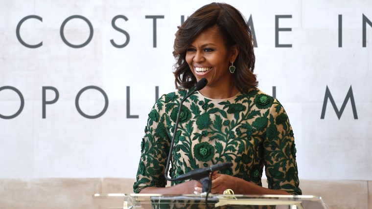 US First Lady Michelle Obama speaks before cutting the ribbon officially opening The Costume Institutes new Anna Wintour Costume Center at The Metropo...