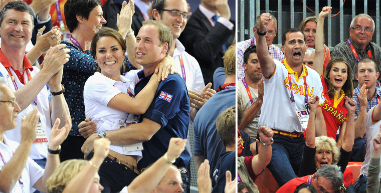 Image: Duchess Kate and Prince William embrace at a sporting match; Prince Felipe and Princess Letizia cheer on their team