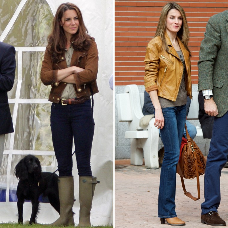 Image: Kate Middleton in a brown leather jacket and rainboots; Princess Letizia in a brown leather jacket