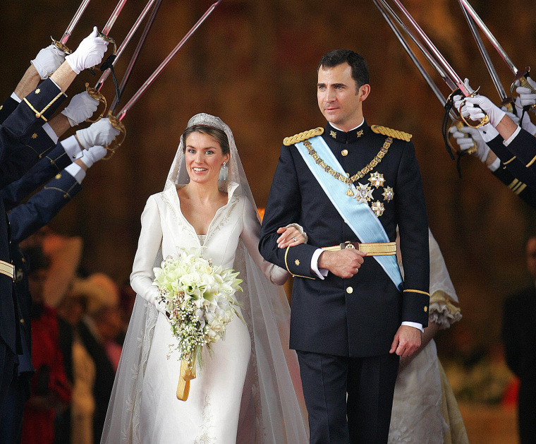 MADRID, Spain:  Princess of Asturias Letizia Ortiz and Spanish Crown Felipe of Bourbon leave Madrid's Almudena Cathedral at the end of their wedding c...