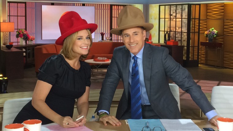 Image: Savannah Guthrie and Matt Lauer in Pharrell Williams-inspired hats.