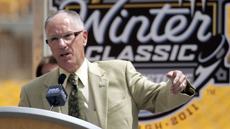 PITTSBURGH - JULY 27:  Mike Emrick addresses the media at the 2011 Bridgestone NHL Winter Classic press conference on July 27, 2010 at Heinz Field in ...