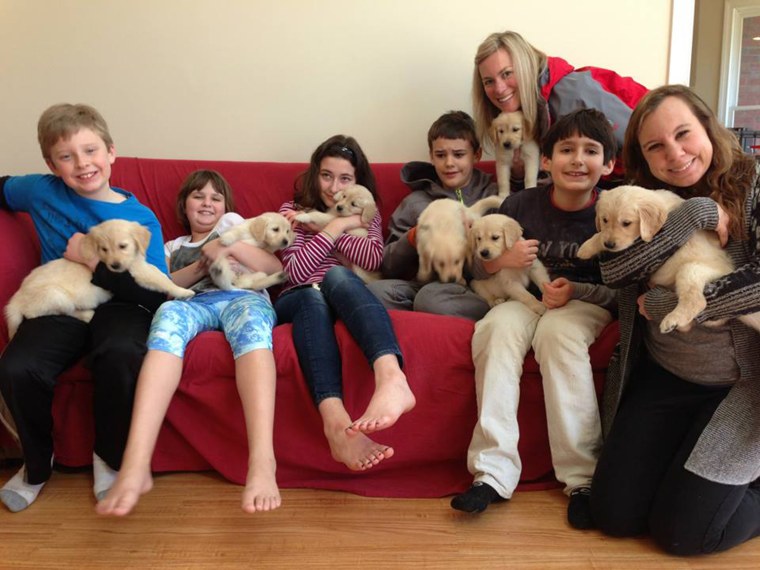 Adults and kids holding puppies on a couch.