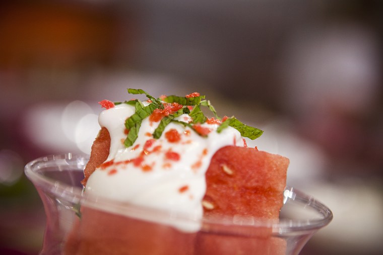 Sparkling watermelonwith yogurt cream and mint