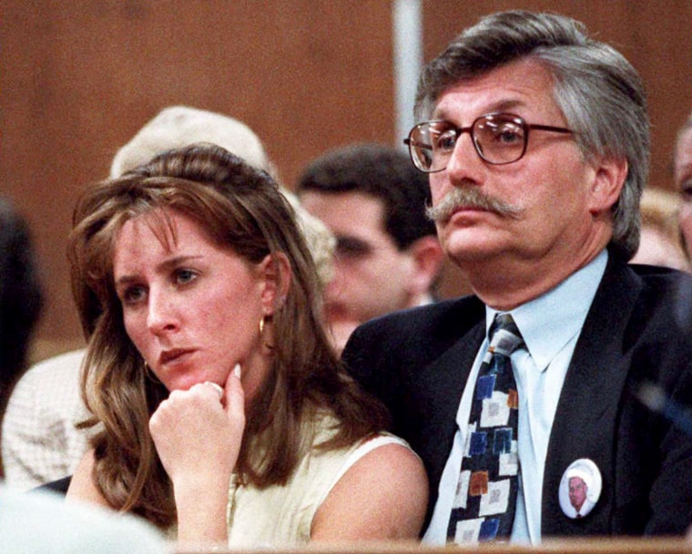 Kim Goldman and her dad, Fred Goldman, in court during Simpson's trial.