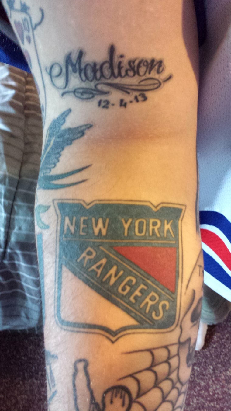 Ackerman has tattoos in honor of his daughter, Madison, and his favorite team, the NY Rangers.