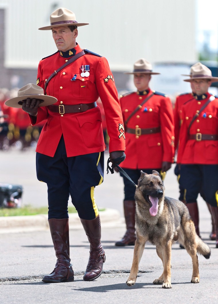 An officer holds Danny, the K9 partner of slain RCMP officer Const. David Ross, at the funeral procession for the three RCMP officers who were killed ...