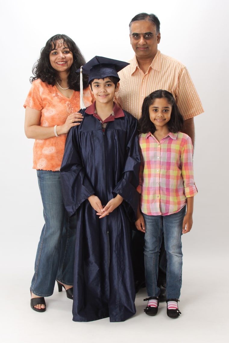 Tanishq Abraham finished his California high school exit exam in March and was given a special ceremony by his parents, Taji (left) and Bijou (right), which included a singing performance by his younger sister, Tiara.