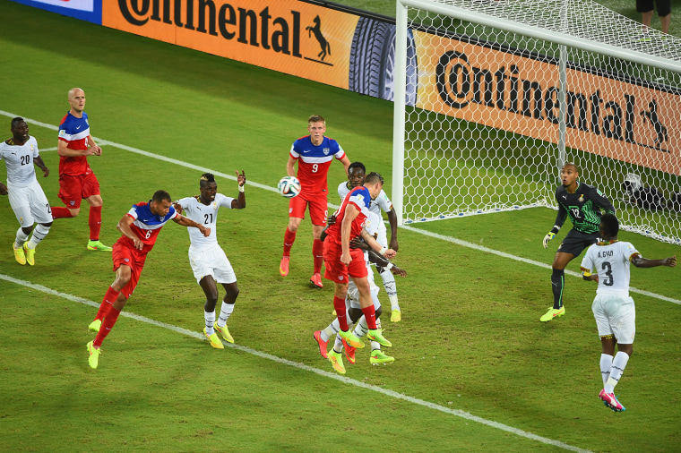 NATAL, BRAZIL - JUNE 16: John Brooks of the United States scores his team's second goal on a header past Adam Kwarasey of Ghana during the 2014 FIFA W...