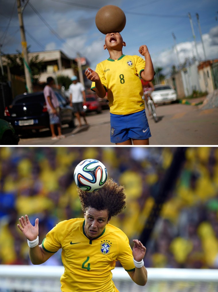 A boy heads a ball at the slum of Varjao on the outskirts of Brasilia, ahead of the 2014 World Cup Group A soccer match between Brazil and Mexico, June 17, 2014.  REUTERS/Ueslei Marcelino (BRAZIL - Tags: SOCIETY SPORT SOCCER WORLD CUP TPX IMAGES OF THE DAY)

Brazil's defender David Luiz jumps for the ball during a Group A football match between Brazil and Mexico in the Castelao Stadium in Fortaleza during the 2014 FIFA World Cup on June 17, 2014.  AFP PHOTO / ODD ANDERSENODD ANDERSEN/AFP/Getty Images