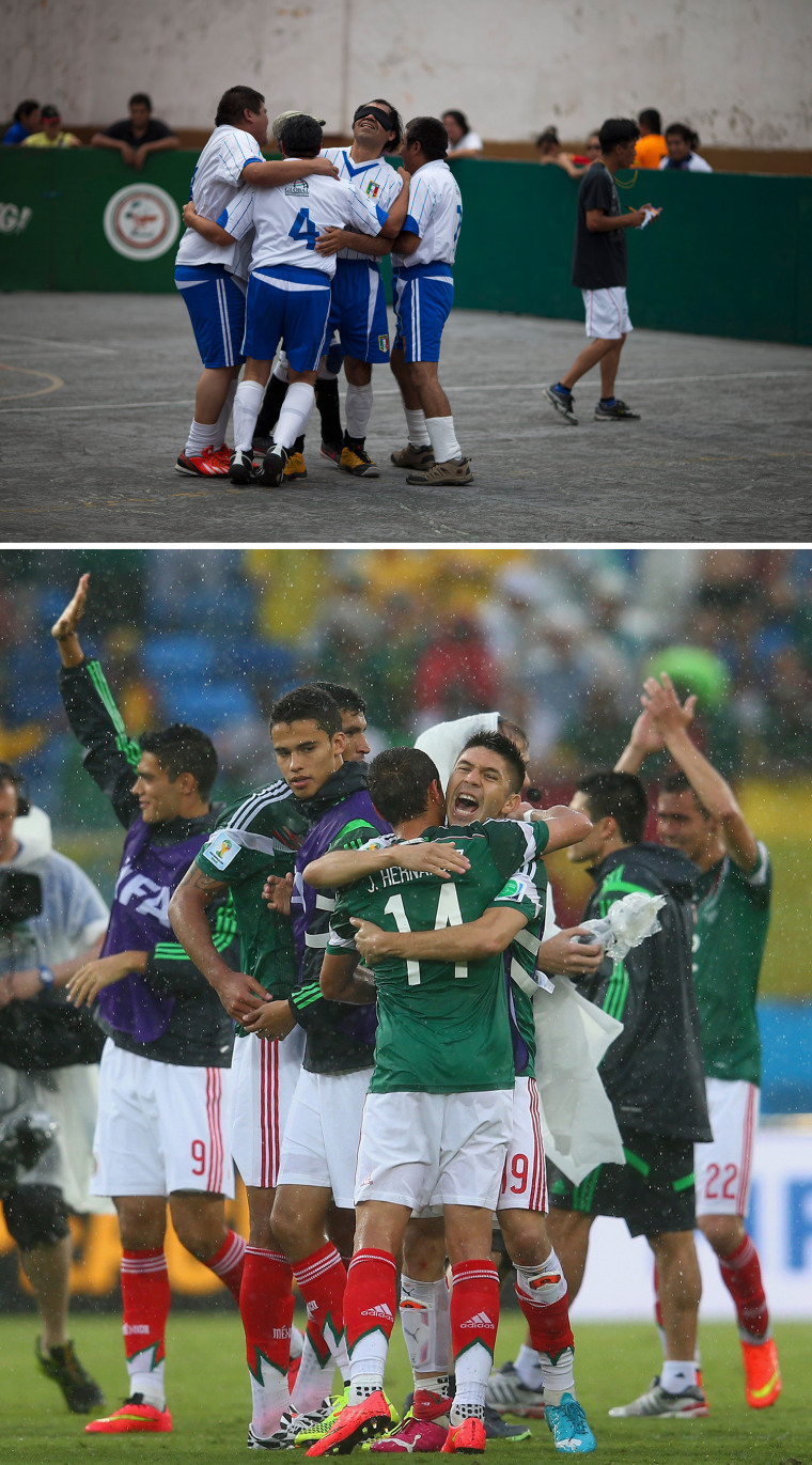 In this Sunday, June 8, 2014 photo, Jose Luis Molina, center, celebrates with Italia teammates after they defeated the Leones Negros 6-5 in the 2014 final of the Ignacio Trigueros Soccer League for the Blind and Visually Impaired, in Mexico City. “The concept of this league is just to spend time together, to unwind, to relieve stress, to relax,” says Molina. “On the court, as in the farthest corners of the earth, there is rivalry; there are fights; there are spats. But socially, it’s harmonious.” (AP Photo/Rebecca Blackwell)

NATAL, BRAZIL - JUNE 13: Javier Hernandez and Oribe Peralta of Mexico hug after defeating Cameroon during the 2014 FIFA World Cup Brazil Group A match between Mexico and Cameroon at Estadio das Dunas on June 13, 2014 in Natal, Brazil.  (Photo by Julian Finney/Getty Images)