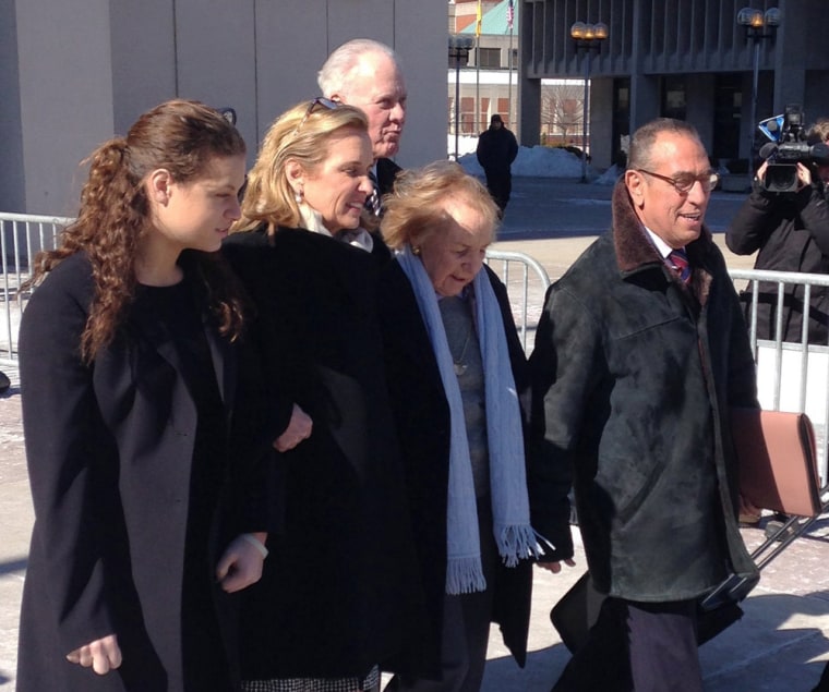 Kerry Kennedy, second from left, walks with her mother, Ethel Kennedy, third from left, as she leaves the Westchester County Courthouse, Friday, Feb. ...