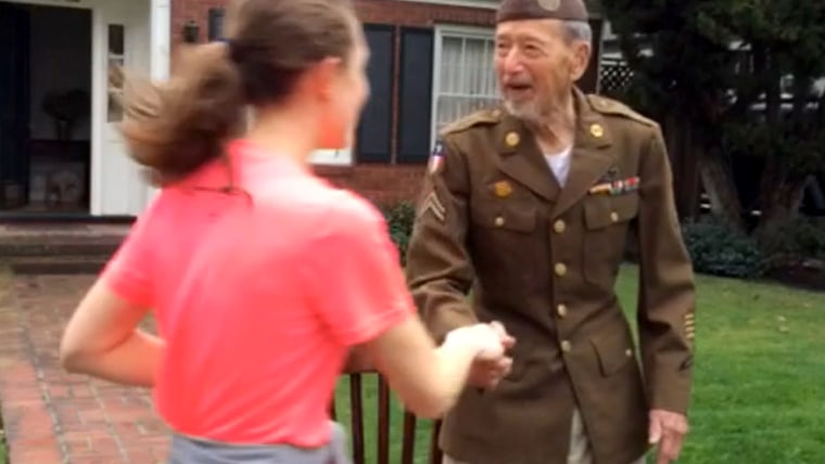 World War II veteran Joe Bell was honored by runners at a charity race in San Jose on Sunday after he came outside his home dressed in his uniform to cheer them on.