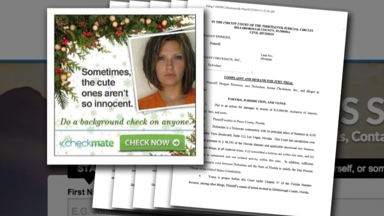 Florida woman Meagan Simmons claims in a lawsuit that the use of her mugshot by the website InstantCheckmate.com was done without her permission.