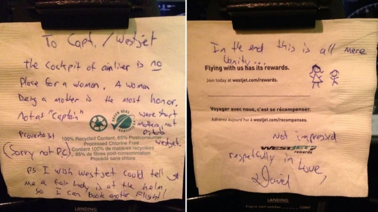 WestJet pilot Carey Steacy posted this note left by a passenger on a recent flight on Facebook.