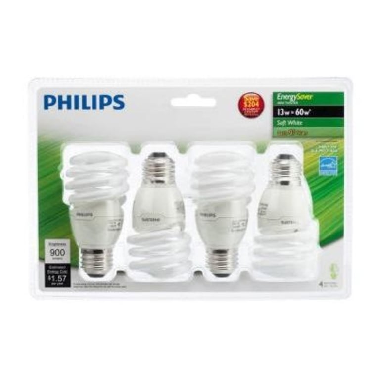 The Philips 13-Watt Energy Saver Mini Twister Soft White is projected to last 12,000 hours and comes with an 11-year warranty.