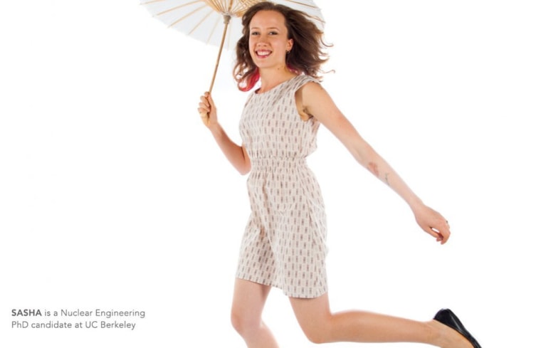 A Ph.D candidate models Betabrand's spring collection.