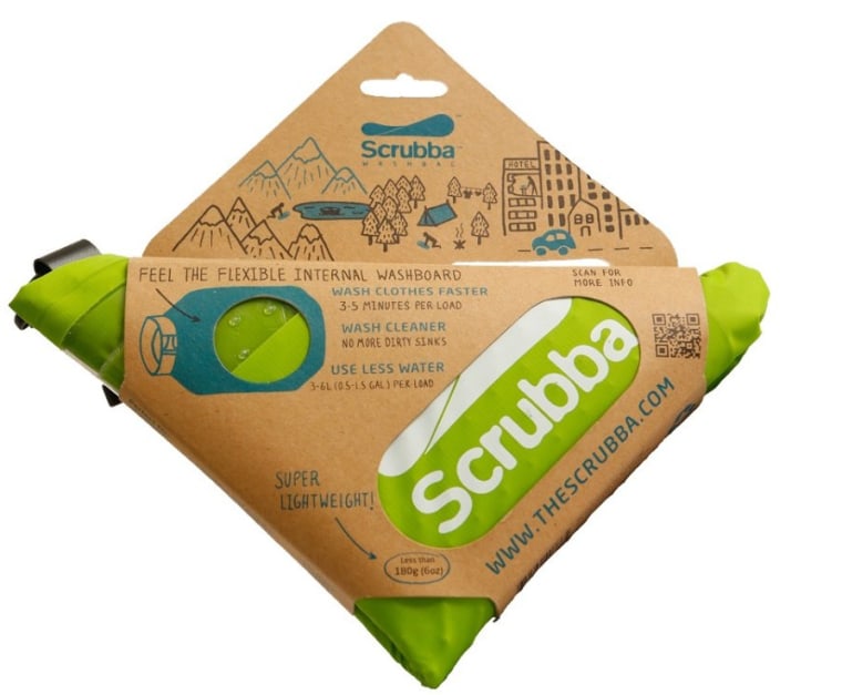The Scrubba is a foldable, watertight wash bag with a flexible internal washboard.