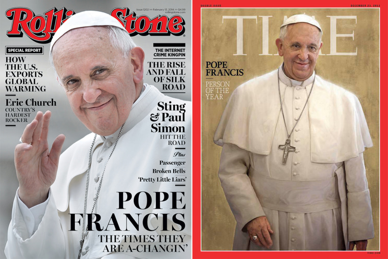 Pope Francis on the cover of Rolling Stone and Time magazines.