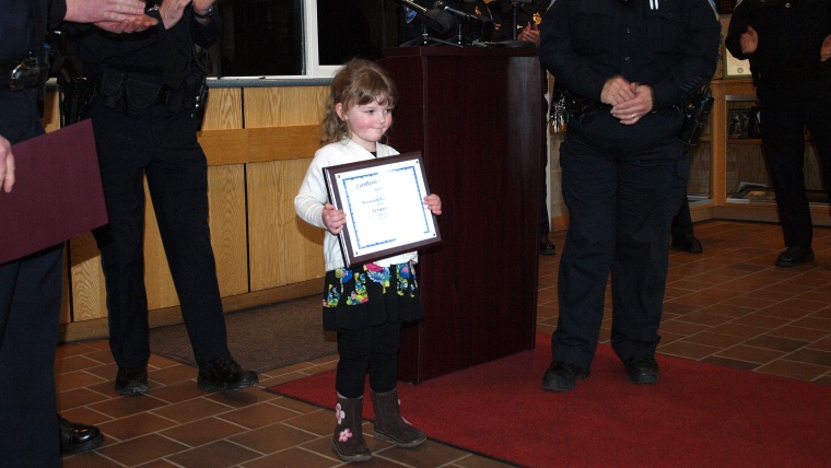 Aryanna Lynch, 3, was honored by the Weymouth police station for calling 911, a call which saved her pregnant mom.