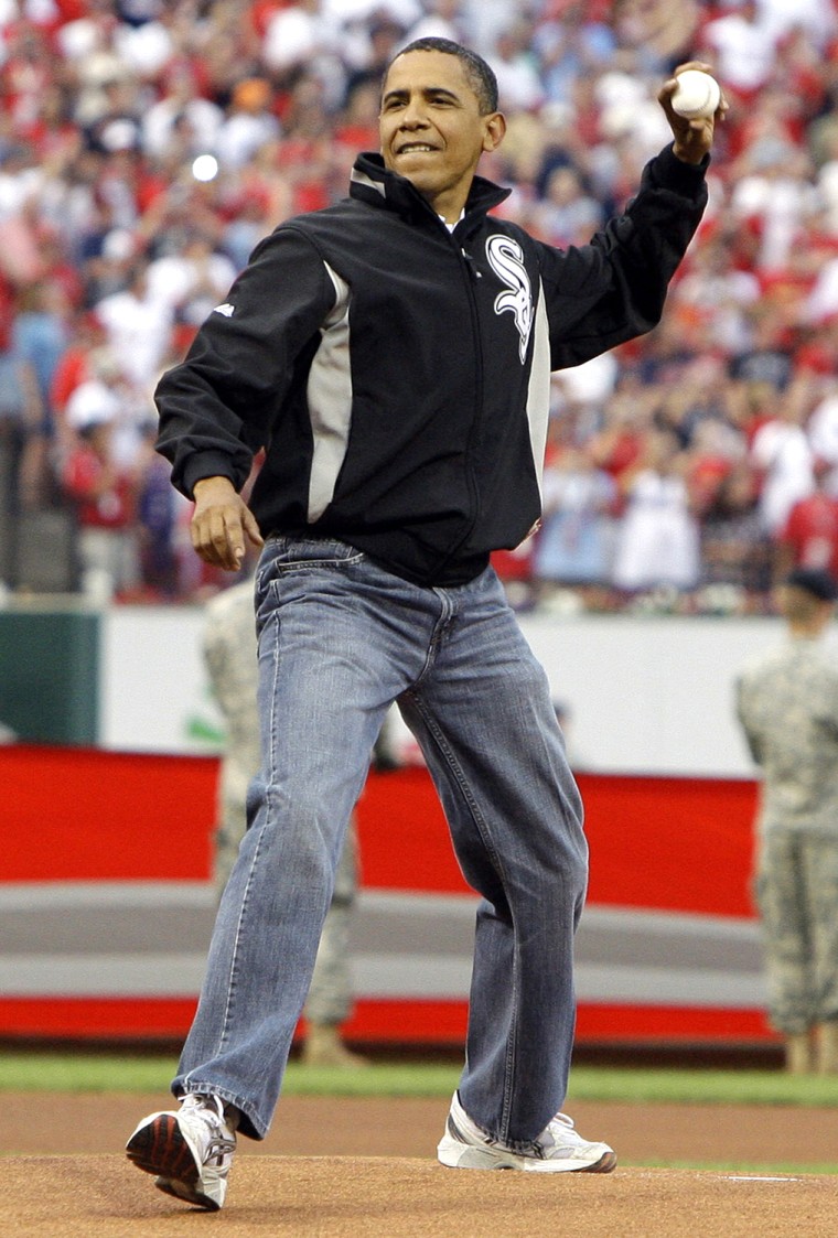 ** FILE ** In this July 14, 2009 file photo, President Barack Obama throws out the first pitch to St. Louis Cardinals first baseman Albert Pujols, not...