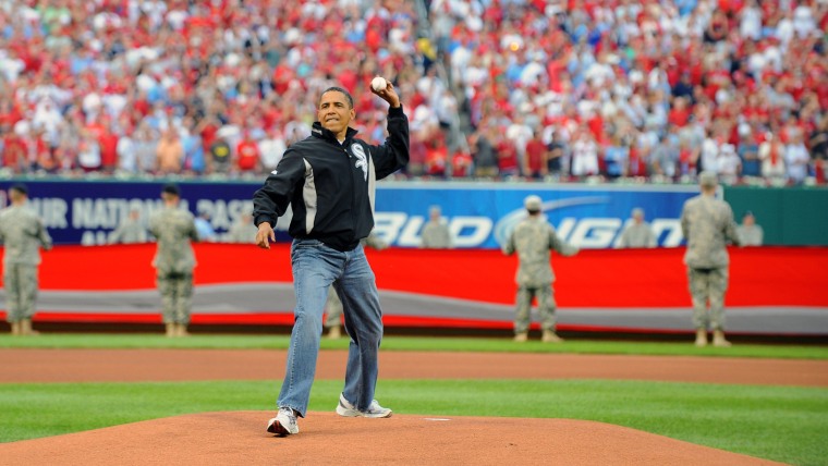 ST. LOUIS, MO - JULY 14:  U.S. President Barack Obama throws out the first pitch before the 2009 All-Star Game at Busch Stadium July 14, 2009 in St. L...