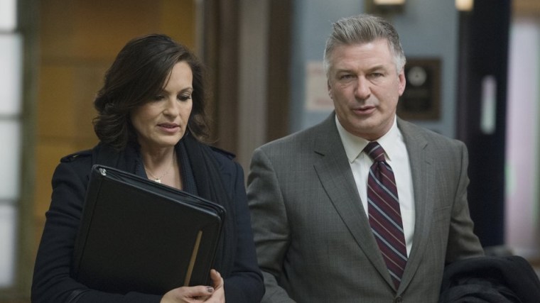 Mariska Hargitay and Alec Baldwin filming \"Law & Order: SVU.\"