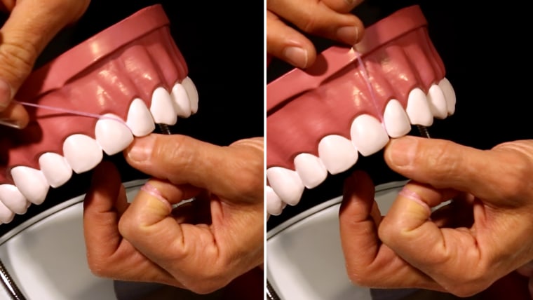 On the left, the correct way to floss your teeth. On the right, the common mistake many of us are making.