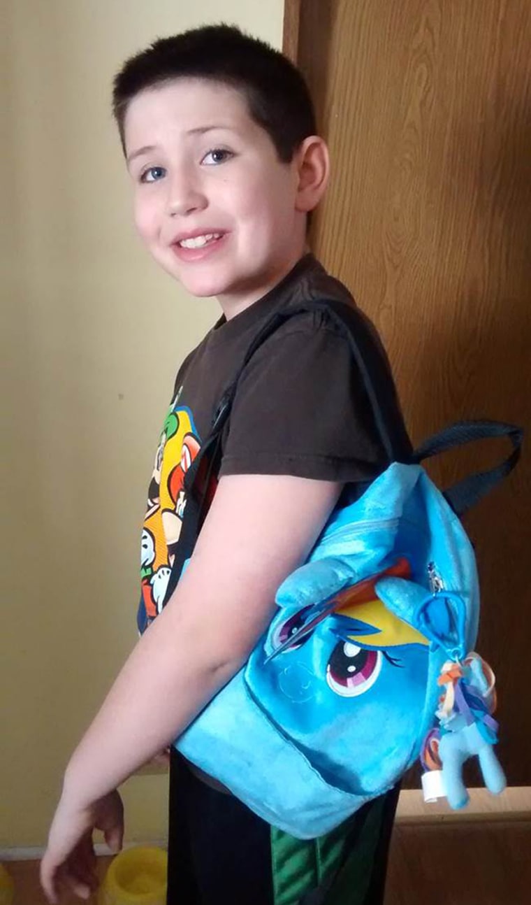 Image: Grayson Bruce, 9, with his My Little Pony backpack.