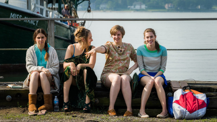 Zosia Mamet, Jemima Kirke, Lena Dunham, Allison Williams in an episode of the third season of \"Girls.\"