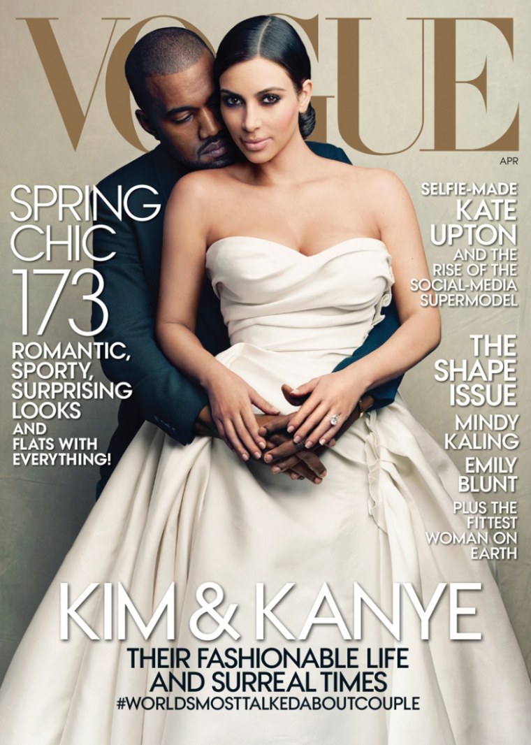 The April 2014 issue of Vogue, photographed by Annie Leibovitz, features Kim Kardashian and Kanye West.
