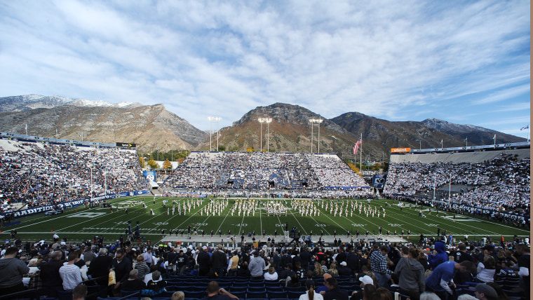 PROVO, UT - OCTOBER 12:  View of LaVell Edwards Stadium during ceremonies before the game between the BYU Cougars and the Georgia Tech Yellow Jackets ...