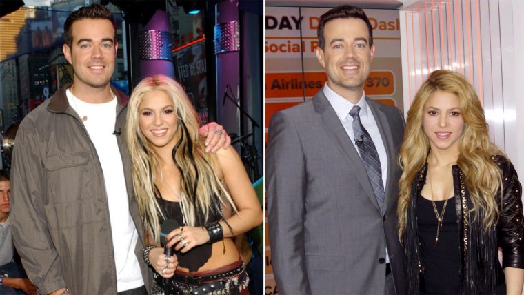 Then and now photo of Carson Daly and Shakira.
