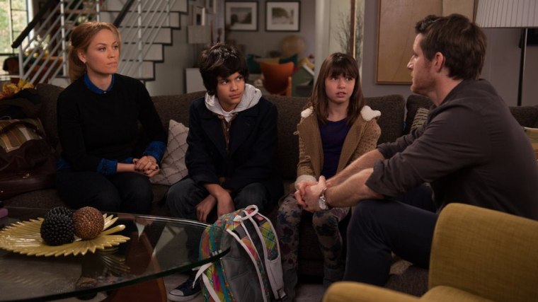 In a scene from \"Parenthood,\"  (L-R), Erika Christensen as Julia, Xolo Mariduena as Victor, Savannah Paige Rae as Sydney, and Sam Jaeger as Joel.