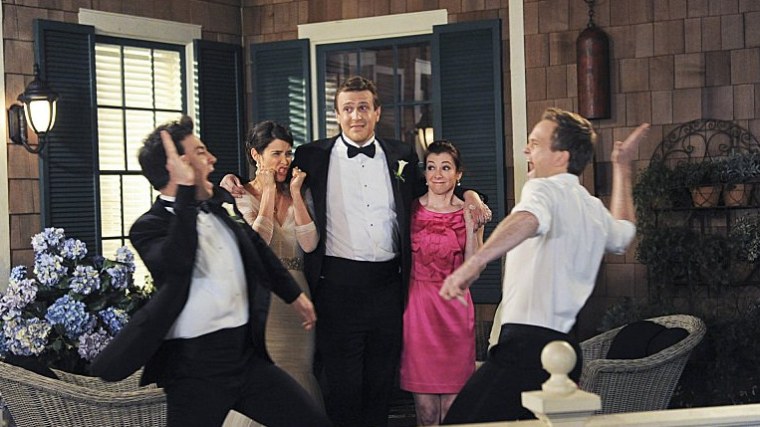 The stars of \"How I Met Your Mother\" in the series finale:  (L-R) Josh Radnor as Ted, Cobie Smulders as Robin, Jason Segel as Marshall, Alyson Hanniga...